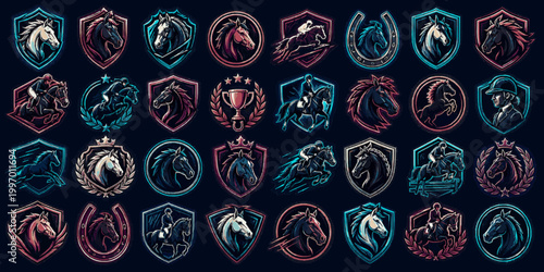 Horse Rider Crest Pack. Neon Sports Badge SVG Vector Set with Esports Style Mascot Logos, Shield Emblems, Team Crests and Bright Outline Symbols, horse rider crest, equestrian badges