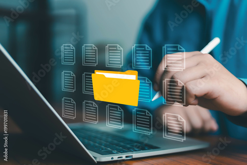Photos Digital document management concept with virtual files and folder system, user o