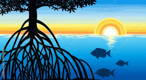 Fish Swimming Under Water Tree Roots.