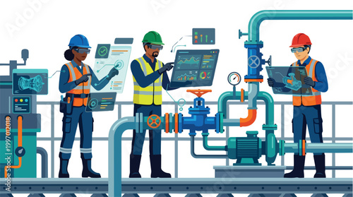 Diverse Industrial Workers Monitoring Oil and Gas Pipeline Systems with Digital Technology and Safety Equipment