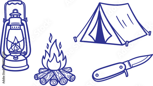 Charming blue line art depicts essential camping gear lantern tent campfire and pocket knife