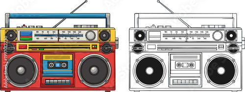Retro Boombox Radio Illustration with Detailed Front View and Outline Version, Vintage Audio Player Stereo System 80s 90s Music Vector Design