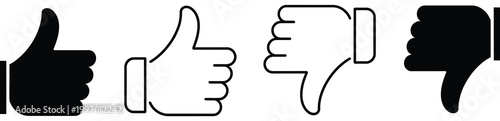 Set of like icons, up and down thumbs symbols for approval and disapproval, rating and feedback indicators, clean modern vector illustration for UI and apps.
