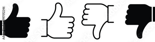 Thumbs up and thumbs down icon collection, like and dislike feedback symbols, rating and evaluation icons, simple modern vector design for digital interfaces.