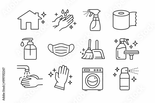 Hygiene and Cleaning Icon Set with Hand Washing, Face Mask, Sanitizer, Spray Bottle, Washing Machine, and Household Disinfection Tools in Minimalist Outline Style Vector Illustration.