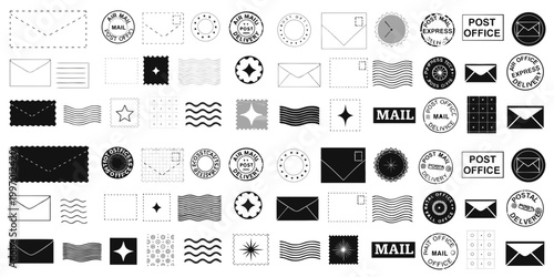 A black-and-white grid of postal icons and symbols envelopes, postage stamps, wavy cancellation marks, circular postmarks, and rectangular labels with visible text like AIR MAIL, POST OFFICE, and MAIL