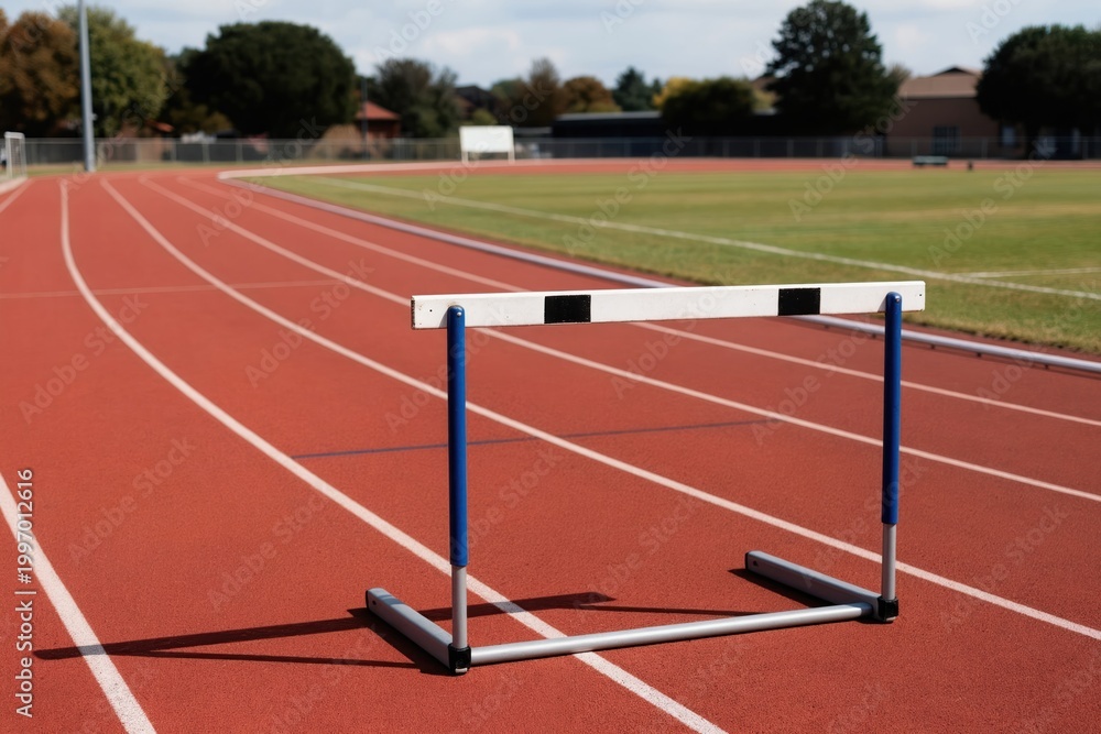 Fototapeta premium Red running track and hurdle awaits athlete. Sport stadium has lanes for races. Outdoor field for track and field competition. Athletic training and exercise venue.