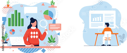 Data analysis and business analytics vector illustration with charts, reports, dashboard monitoring and office work productivity concept