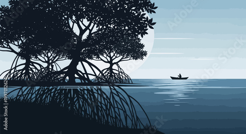 Mangrove tree silhouette by water.