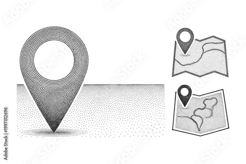 Abstract map pin and location icons created with stippling technique