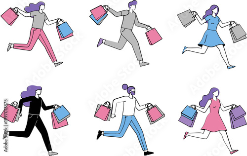 Running Women Shopping with Bags Collection in Various Poses for E-commerce, Retail, and Online Shopping Graphics and Icons