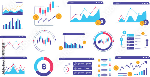 Financial analytics dashboard vector set with stock charts, trading graphs, cryptocurrency metrics and business data visualization interface