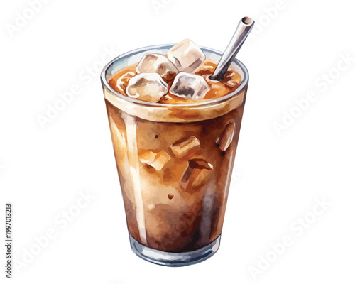Watercolor Cold Coffee Clipart, Iced Drink Illustration, Isolated on White Background