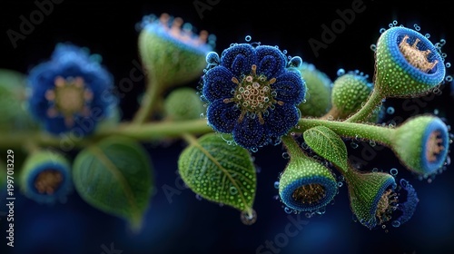 Macro shot of bioluminescent organic surface with glowing green and blue nodes resembling a healthy cellular network or mycelium in deep shadows.