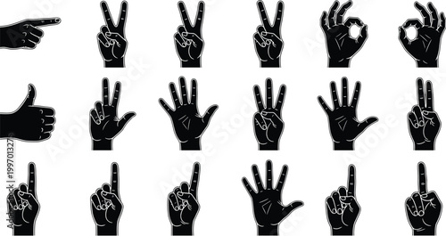 Hand Gesture Silhouette Vector Set with Fingers Counting Signs Thumbs Up Peace Symbol OK Sign and Communication Icons Collection