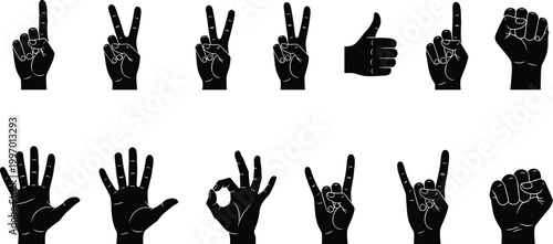 Hand Gesture Silhouette Vector Set with Fingers Signs Thumbs Up Peace OK Rock and Counting Symbols for Communication and Icon Design