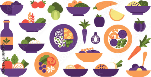 Healthy food bowls vector set with fruits, vegetables, salads and plant based meals, colorful nutrition illustration collection