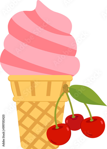 Strawberry Ice Cream Cone with Cherries, A Sweet Treat for Dessert Lovers Foodie Enthusiasts