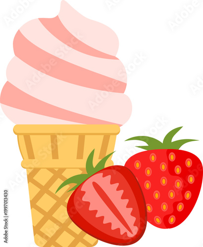 Sweet Summer Treat Cartoon Ice Cream Cone with Fresh Strawberries, a Delightful Dessert