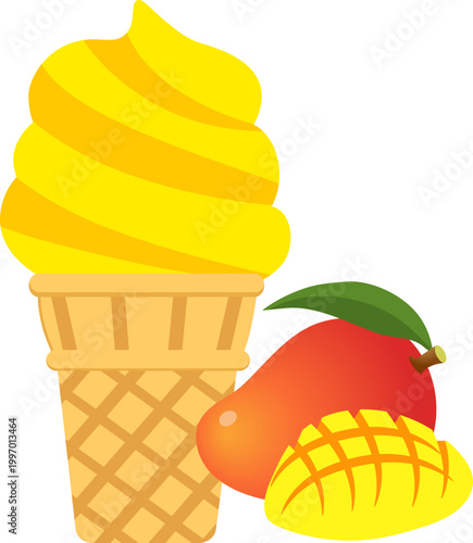 Creamy Mango Delight A Sweet Treat Illustration with Vibrant Ice Cream and Tropical Fruit