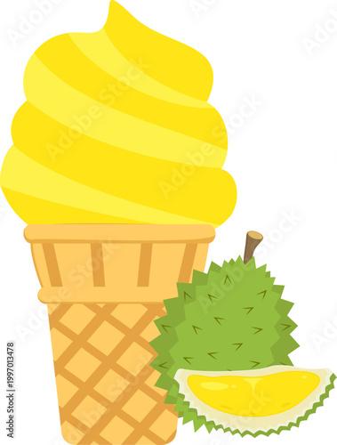 Tropical Delight Durian Flavored Ice Cream Cone with Fresh Fruit Illustration