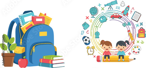Back to School Vector Illustration with Backpack Books Stationery and Kids Learning Activities for Education Concept and Classroom Design