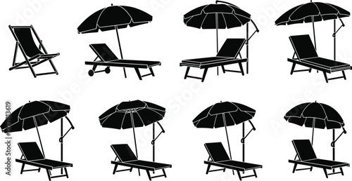 Beach Lounge Chair and Umbrella Silhouette Vector Set with Sunbed Outdoor Furniture for Summer Vacation Resort Poolside and Seaside Design