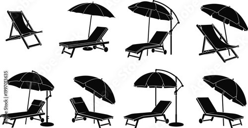 Beach Lounge Chair and Umbrella Silhouette Vector Set with Sunbed Outdoor Relaxation Furniture for Summer Vacation Resort and Poolside Design
