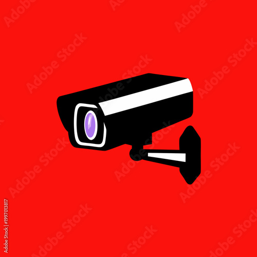 Black CCTV Security Camera Icon on Red Background for Surveillance Safety and Privacy