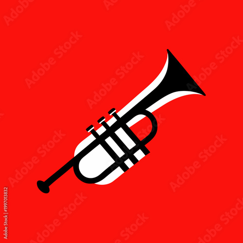 Black and White Trumpet Icon on Red Background for Music Jazz and Celebration Concept