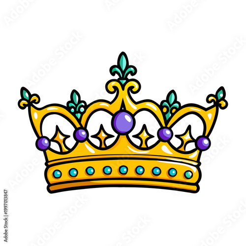 Golden Royal Crown with Purple Gems and Teal Jewels Cartoon King Queen Symbol Icon