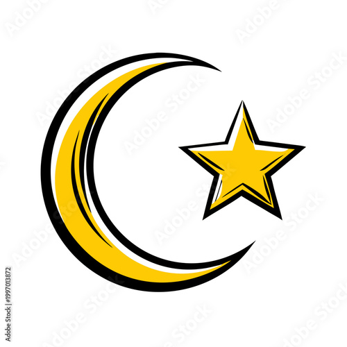 Yellow Crescent Moon and Star Icon for Islam Celestial Night Sky and Dream Concept