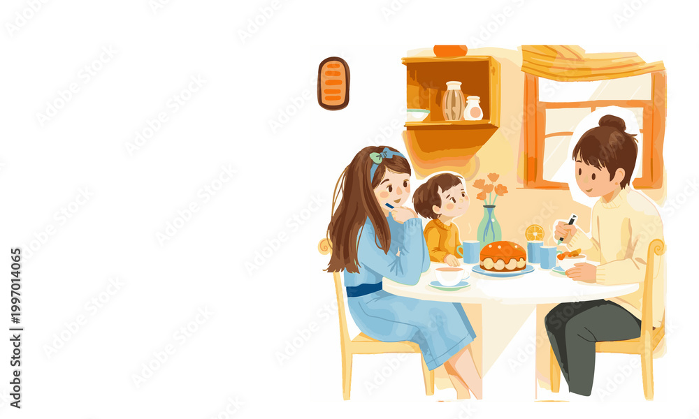 Fototapeta premium Soft watercolor illustration of a family enjoying breakfast together in a cozy kitchen with warm colors, simple composition, and a peaceful hand-painted morning atmosphere capturing togetherness, comf