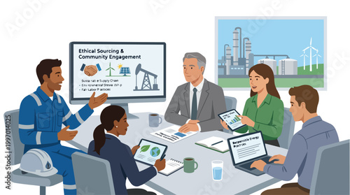 Diverse Industry Team Meeting Ethical Sourcing and Sustainable Energy Practices with Oil and Wind Power Background