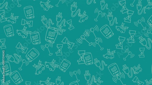 Seamless technology doodle pattern animation featuring electric car, plug, signal, hourglass and e-book icons on green background. Perfect for innovation, energy and digital themes.