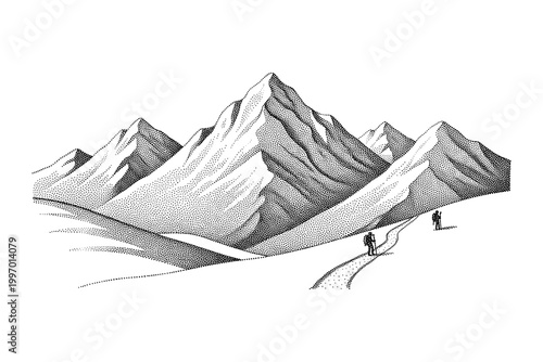 Two hikers ascend a winding path towards majestic snow-capped mountains