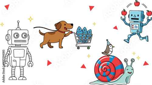 Cute Cartoon Doodle Character Set Featuring Robot Dog Snail Bird and Funny Elements in Hand Drawn Style for Kids Design, Stickers, and Playful Illustrations