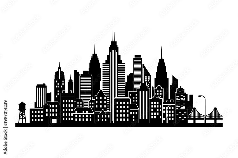 Fototapeta premium Modern city skyline silhouette with diverse architecture and a bridge