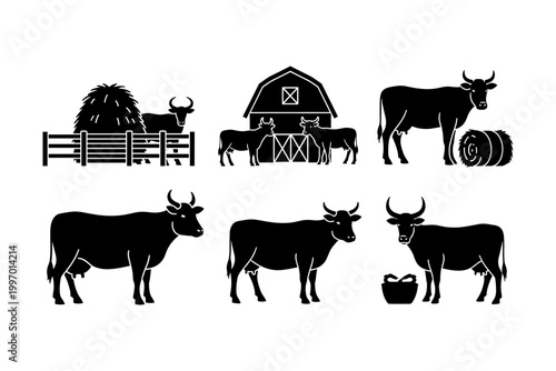 Collection of black cow silhouettes with farm elements like barn and hay bales