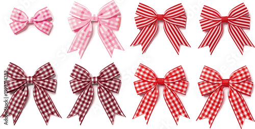 Set of Colorful Bow Ribbons with Checkered Patterns in Pink, Red, and Maroon for Gifts, Fashion, and Craft Designs