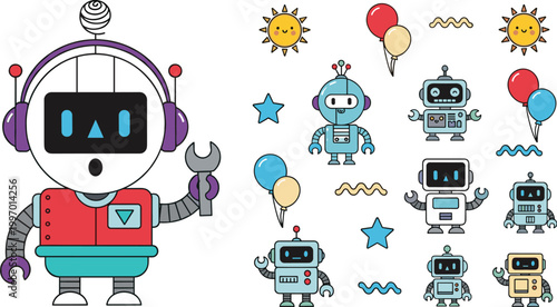 Cute Cartoon Robot Character Set with Icons Featuring Small Bots Balloons Stars and Sun Elements for Kids Design, AI Concepts, Stickers, and Playful Illustrations