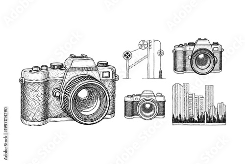 Collection of vintage cameras and city skyline rendered in stippling technique