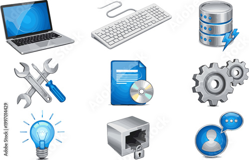 Set of Technology and Computer Icons Including Laptop, Keyboard, Tools, Gears, and Data Storage for IT and Digital Solutions