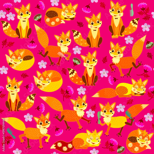 Foxes with combs among flowers on bright pink background. Beautiful seamless pattern. Hairdressing salon in forest