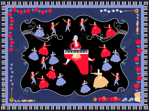 Mozart performed his music on the harpsichord surrounded by ladies and gentlemen. Beautiful print for packaging, cards, music boxes