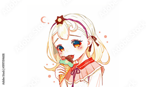 Soft watercolor illustration of a happy young girl enjoying ice cream in a warm summer atmosphere with gentle pastel colors and a playful mood capturing joy, sweetness, and carefree childhood in a han