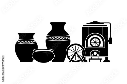 Traditional pottery and kiln illustration with a potter's wheel