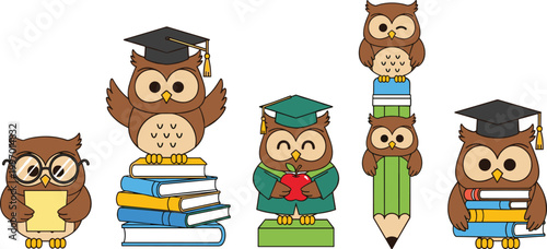 Cute Owl School Vector Set with Graduation Hats Books Pencil and Academic Characters for Education Learning and Classroom Illustration Design