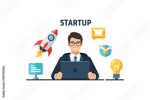 Young entrepreneur with laptop surrounded by startup icons like rocket and lightbulb