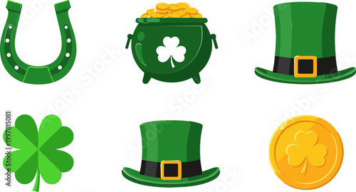 St. Patrick's Day Symbols Set Including Horseshoe, Clover, Leprechaun Hat, and Pot of Gold for Holiday and Festive Illustrations